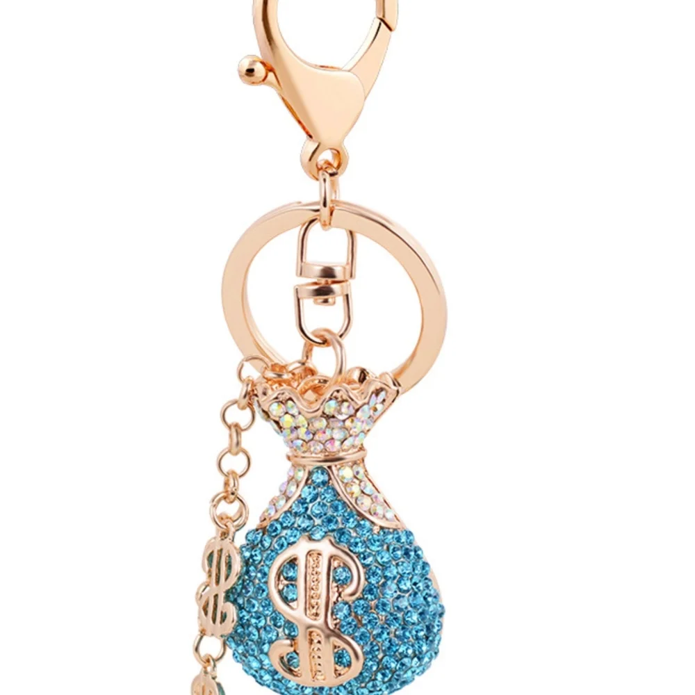 Bling Rhinestone Money Bag Keychain Crystal Purse Charm Gold Tone Blue